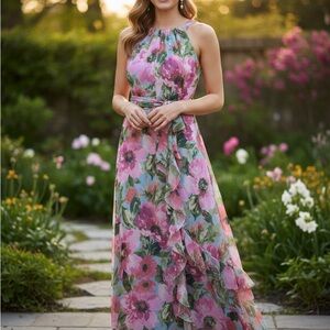 Xscape Pink and Green Floral Maxi Dress